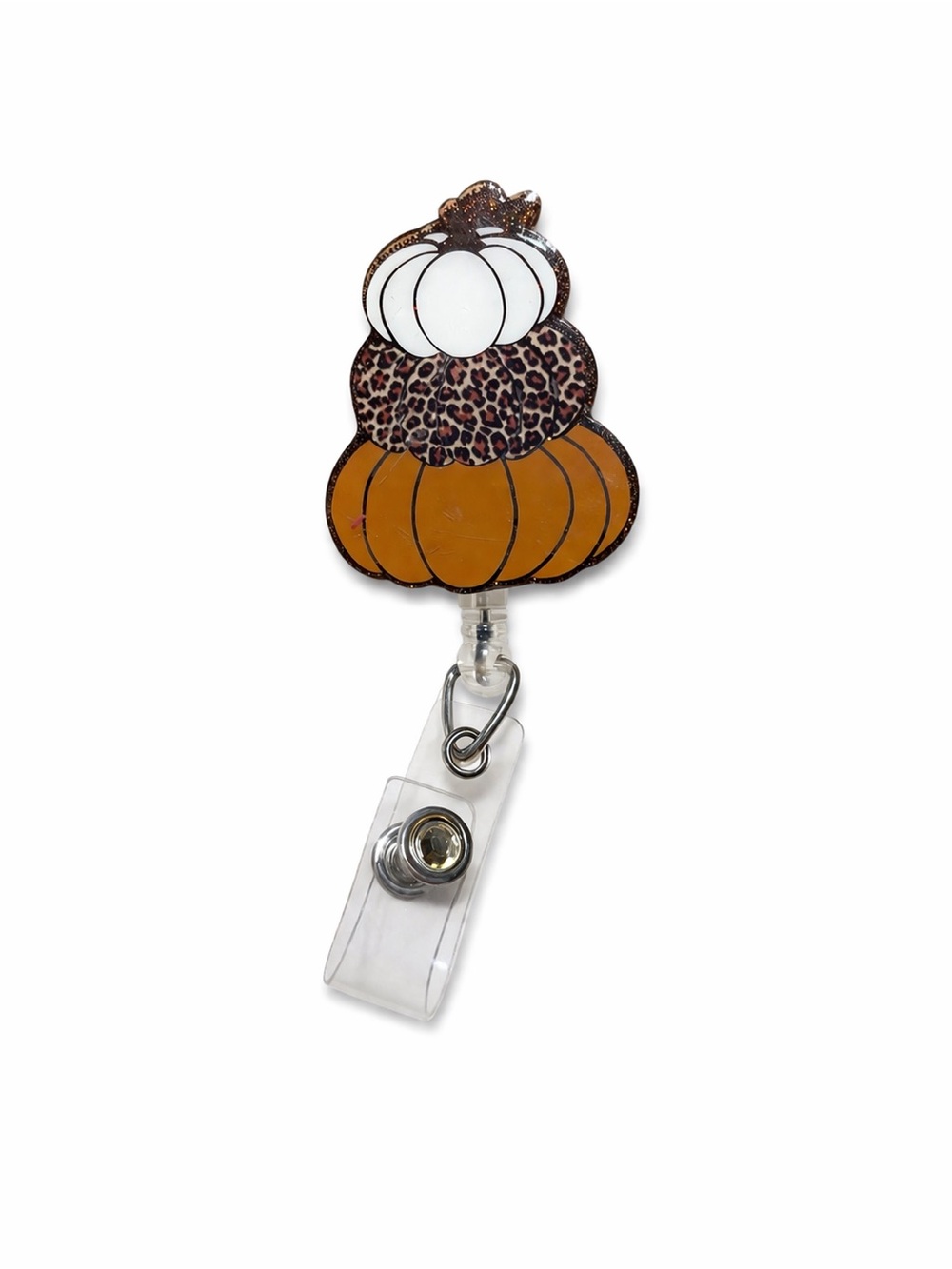 Pumpkin Stack Badge Reel with Leopard Accent - Orange, White, Brown